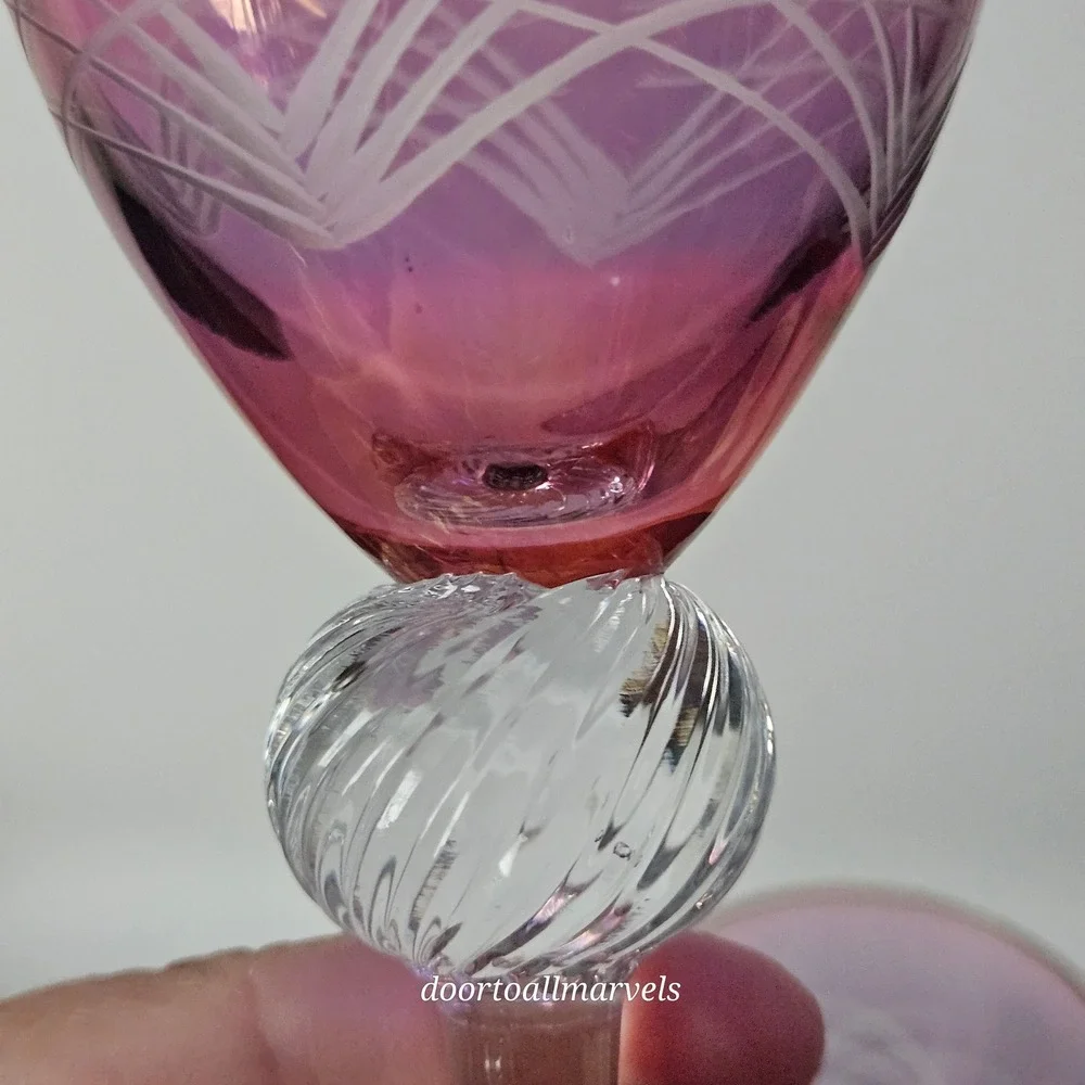 2 VTG Bohemian Hand-Blown Cranberry Cut-to-Clear Wine Glasses Optic Ball Stem